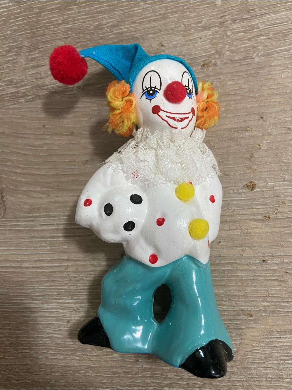 Vintage Ceramic Clown Figurine in White, Teal & Red - Decorative Home Accent